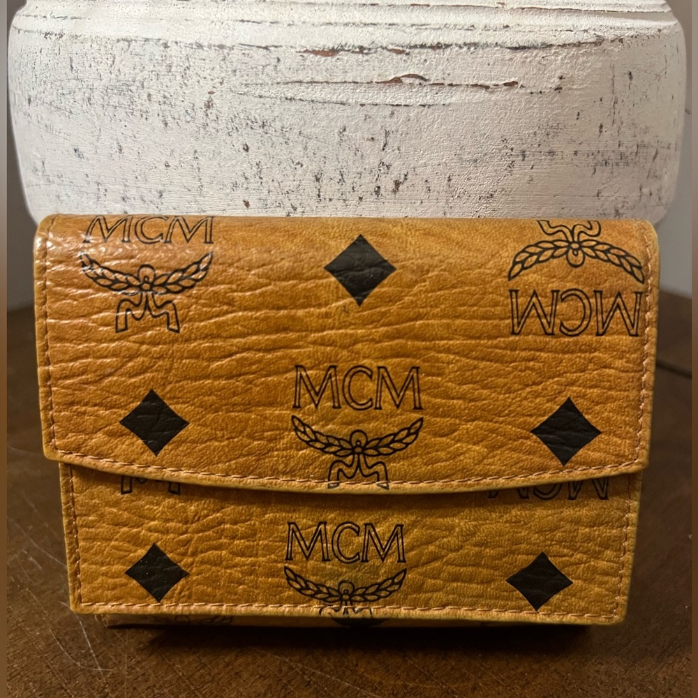 MCM Cognac Visetos Coated Canvas Trifold Compact Wallet (with COA)